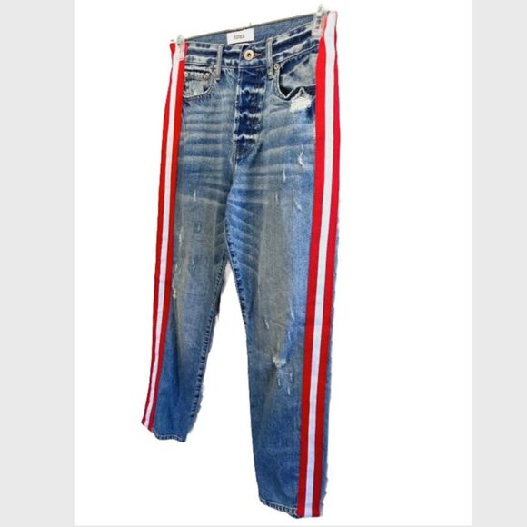 NWOT PISTOLA DISTRESSED WHISKERED RED WHITE SIDE STRIPE DENIM BLUE JEANS SIZE 27 - Picture 8 of 11